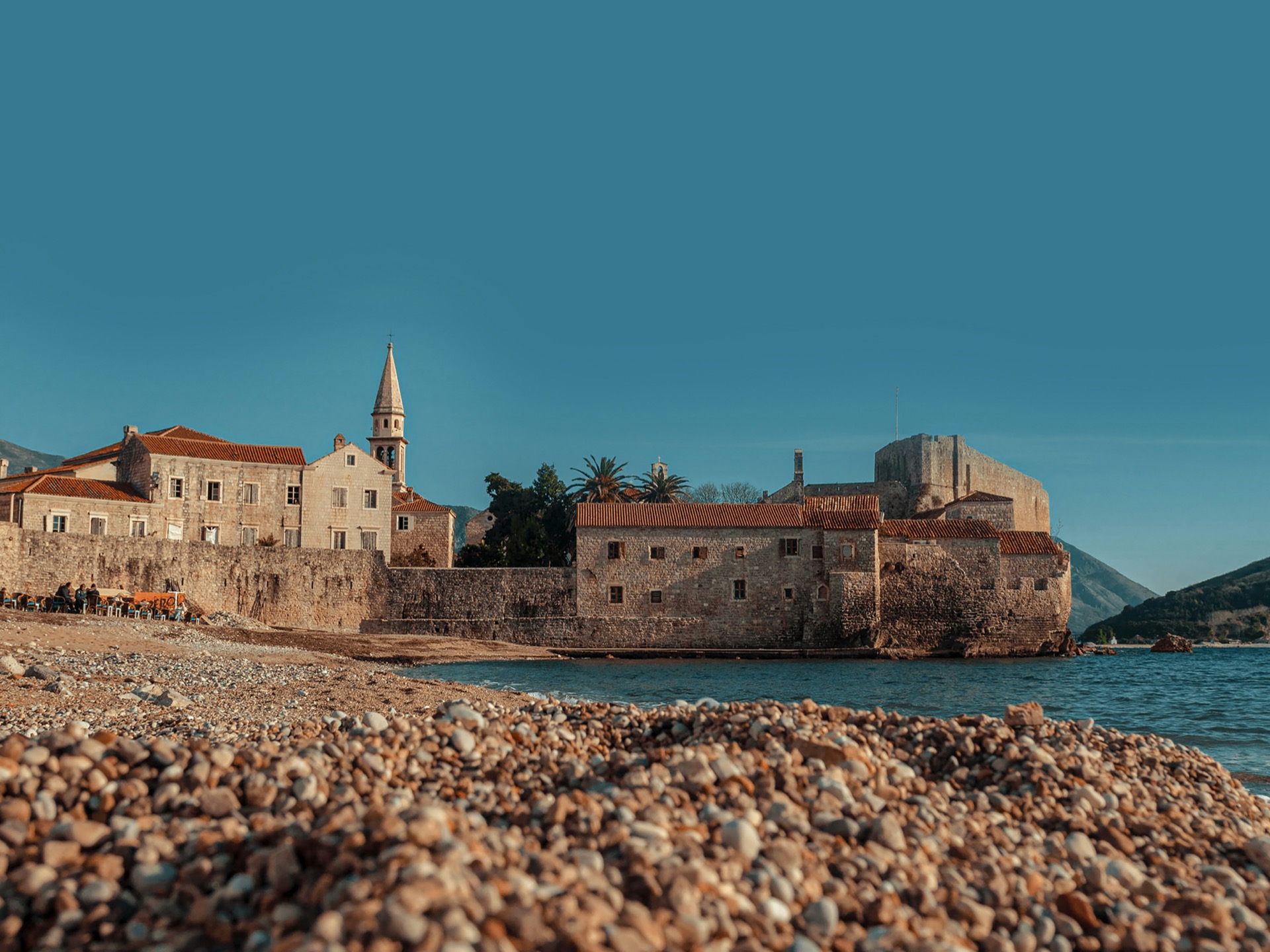 The old town seen across the water from the shingle beach