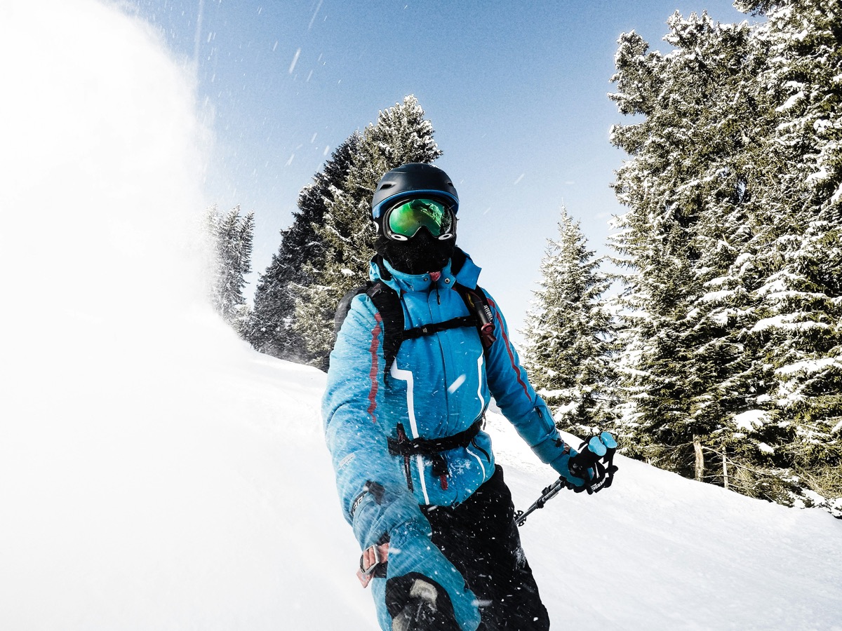 A skier among snow-covered pines above the bay